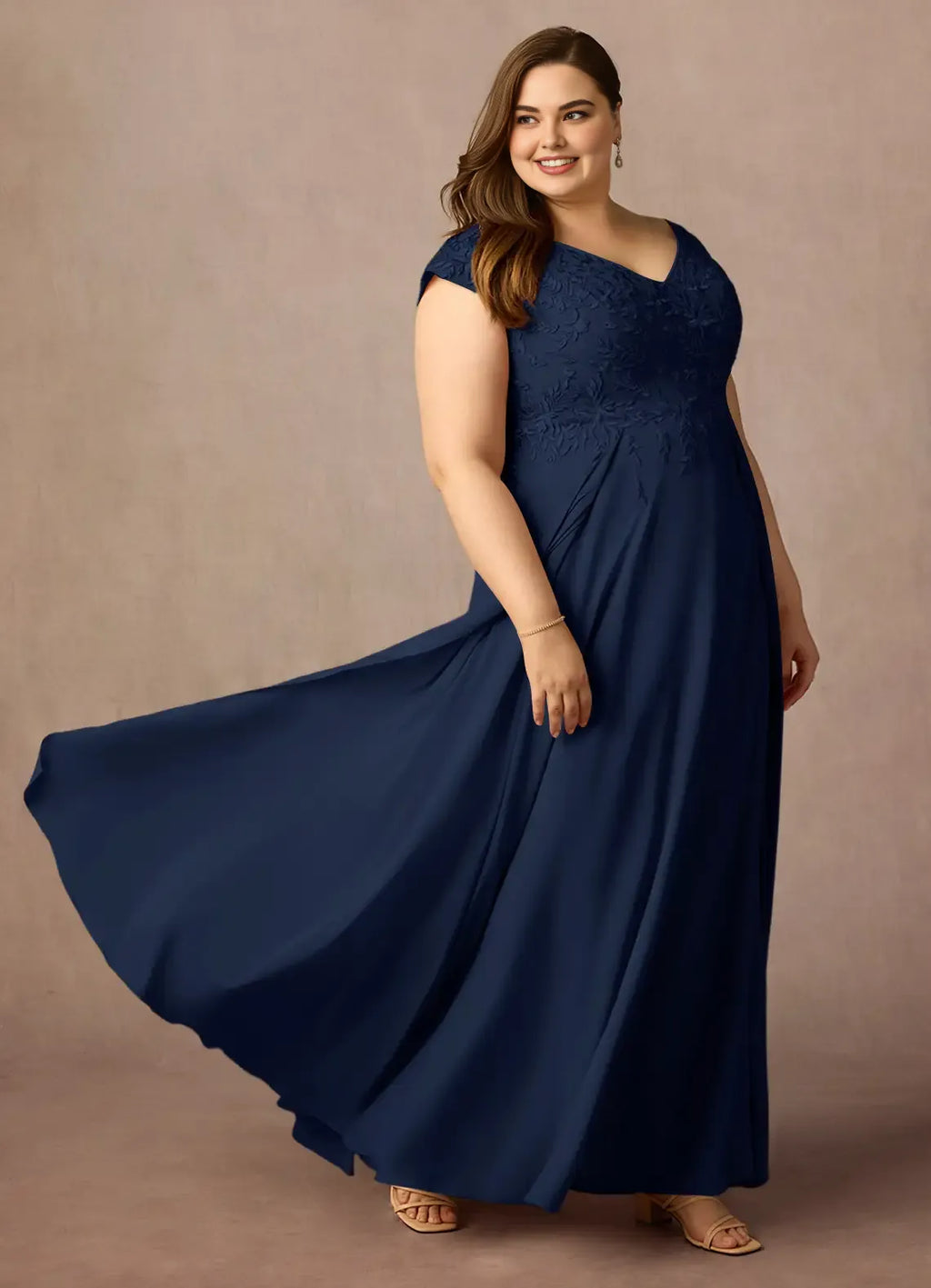 Stylish Elegant Navy Blue Lace A-Line Floor-Length Mother of the Bride Dress