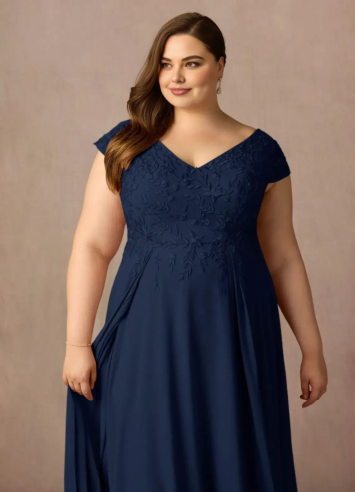 Stylish Elegant Navy Blue Lace A-Line Floor-Length Mother of the Bride Dress