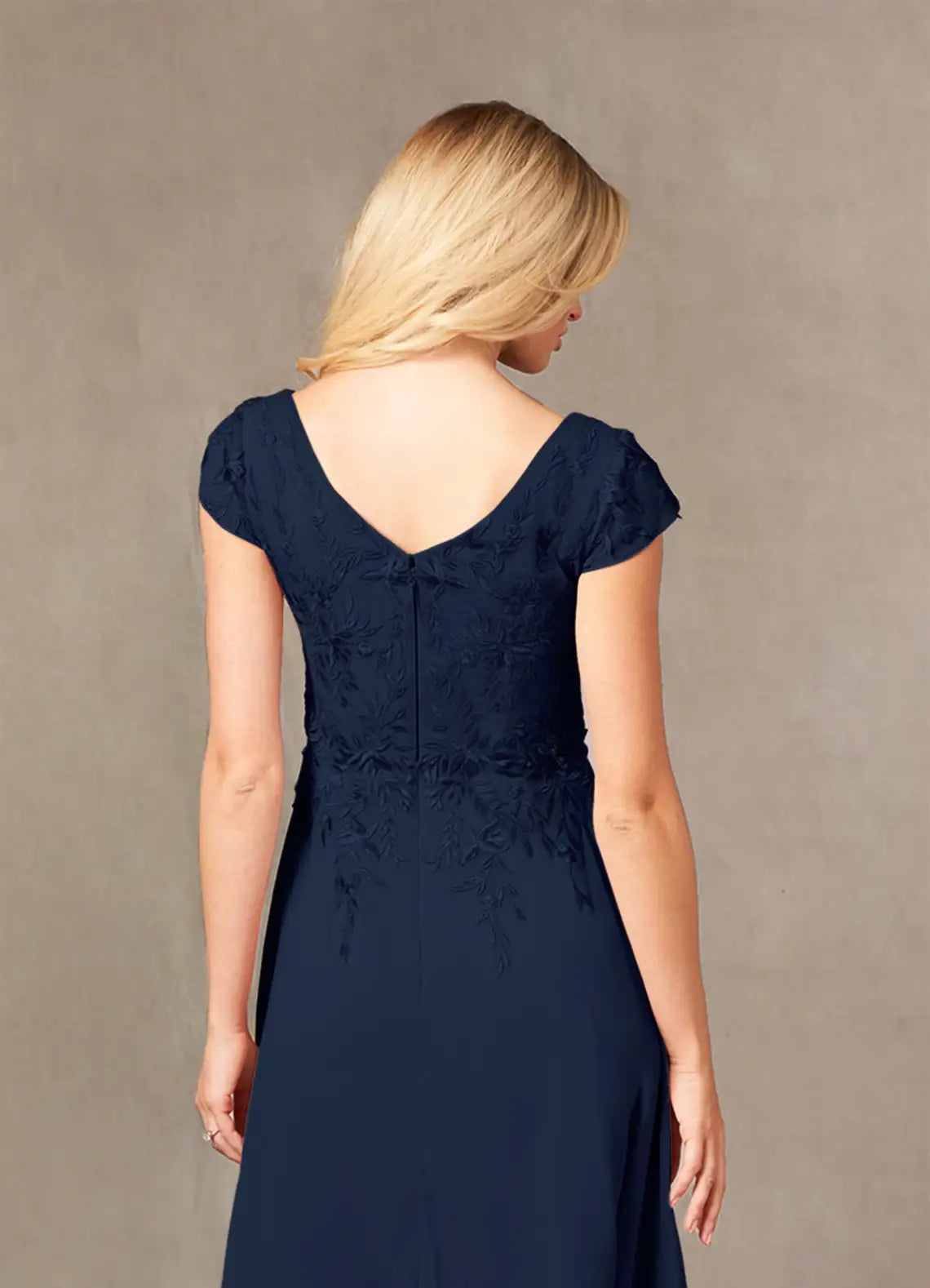 Beautiful Elegant Navy Blue Lace A-Line Floor-Length Mother of the Bride Dress