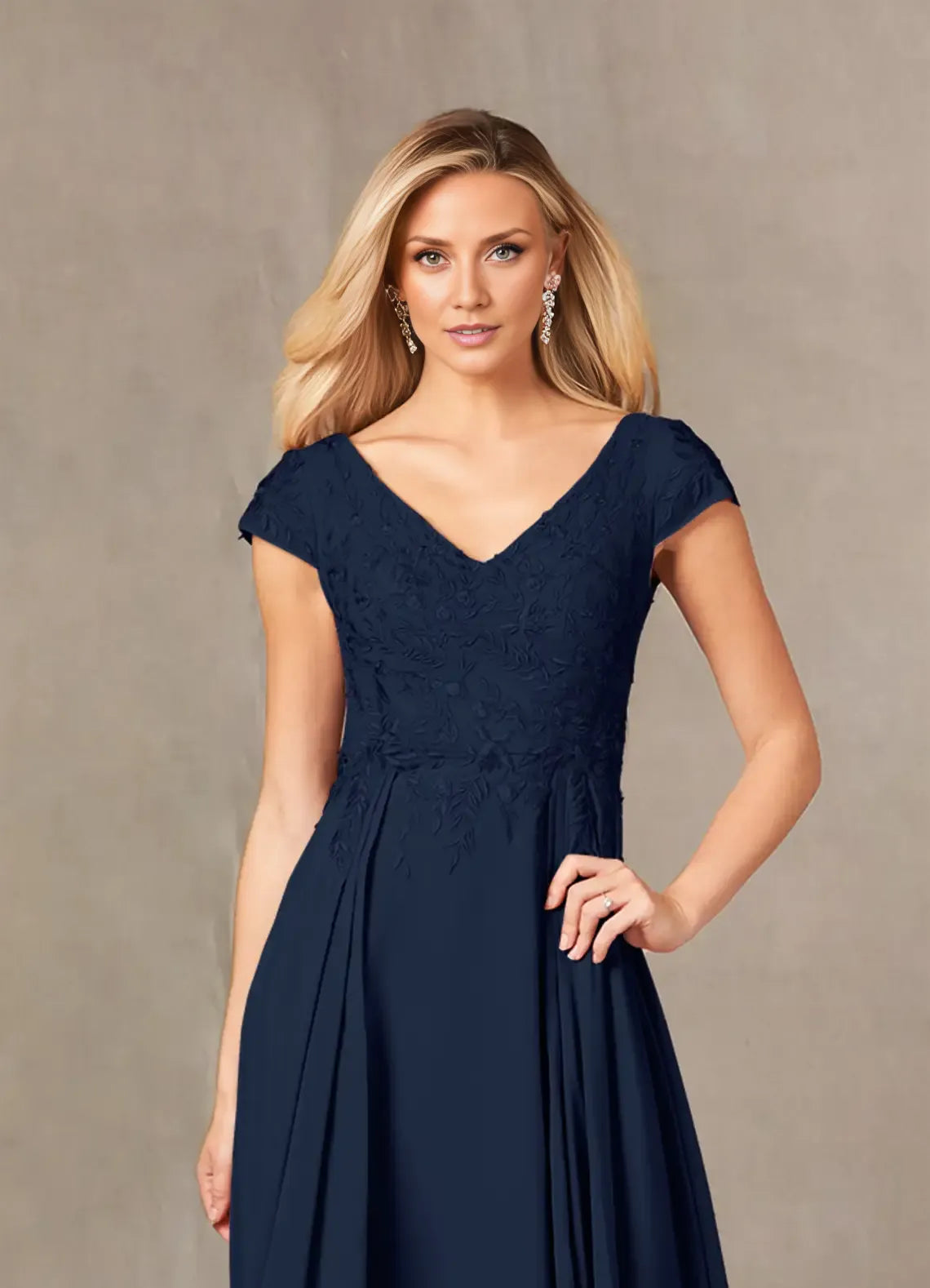 Beautiful Elegant Navy Blue Lace A-Line Floor-Length Mother of the Bride Dress