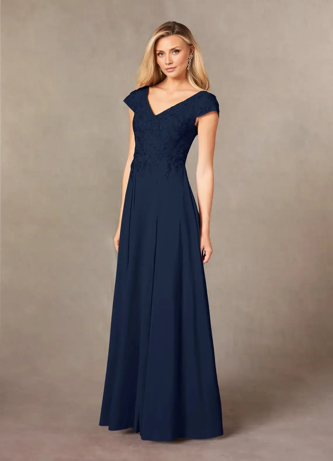 Beautiful Elegant Navy Blue Lace A-Line Floor-Length Mother of the Bride Dress