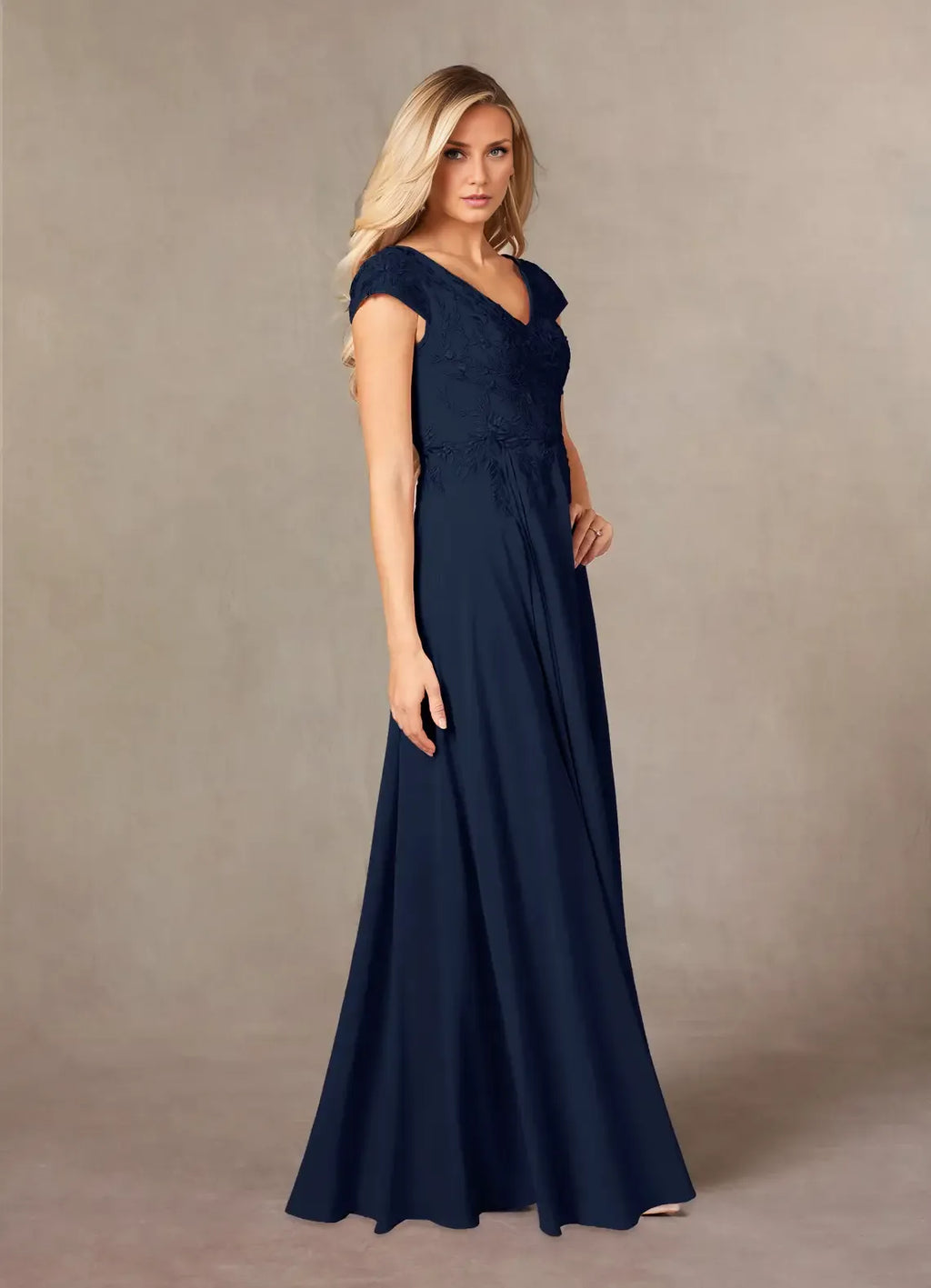 Beautiful Elegant Navy Blue Lace A-Line Floor-Length Mother of the Bride Dress