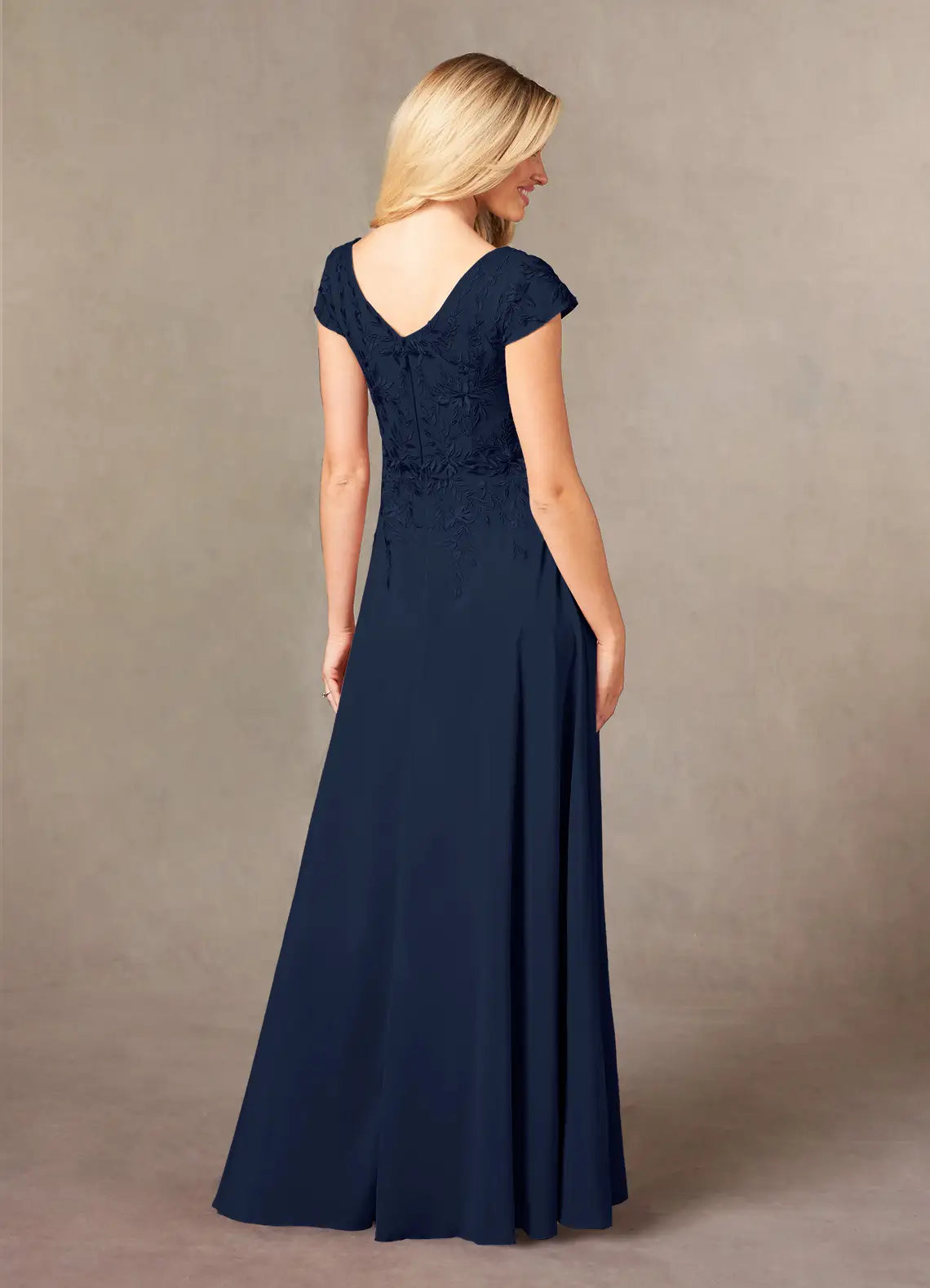 Beautiful Elegant Navy Blue Lace A-Line Floor-Length Mother of the Bride Dress