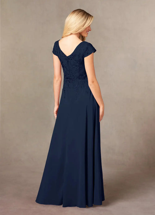Beautiful Elegant Navy Blue Lace A-Line Floor-Length Mother of the Bride Dress