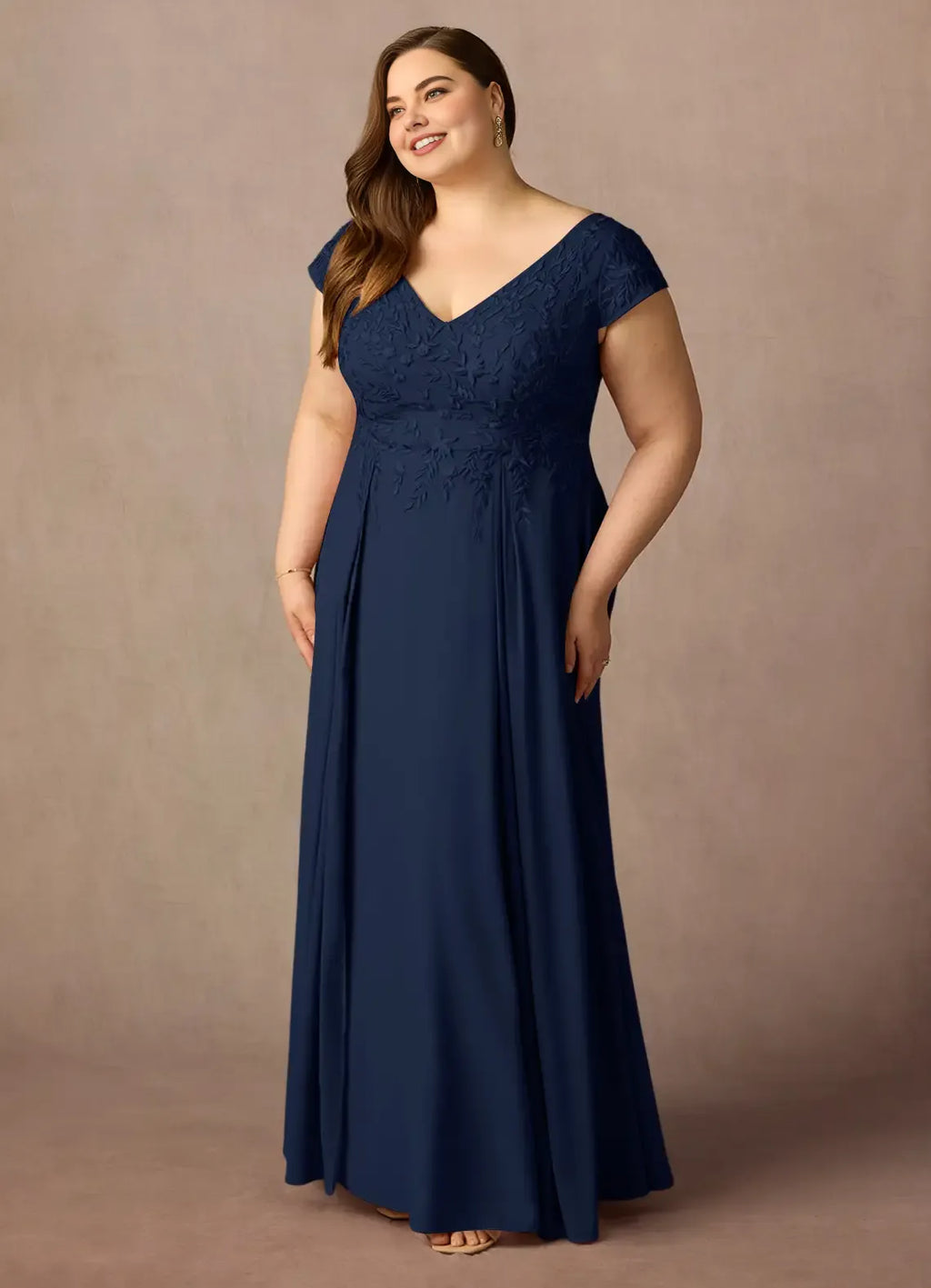 Stylish Elegant Navy Blue Lace A-Line Floor-Length Mother of the Bride Dress