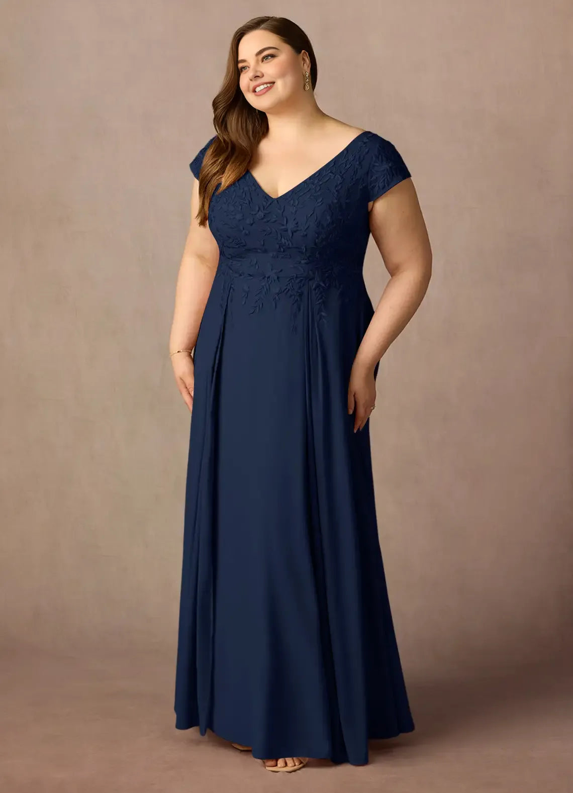 Stylish Elegant Navy Blue Lace A-Line Floor-Length Mother of the Bride Dress