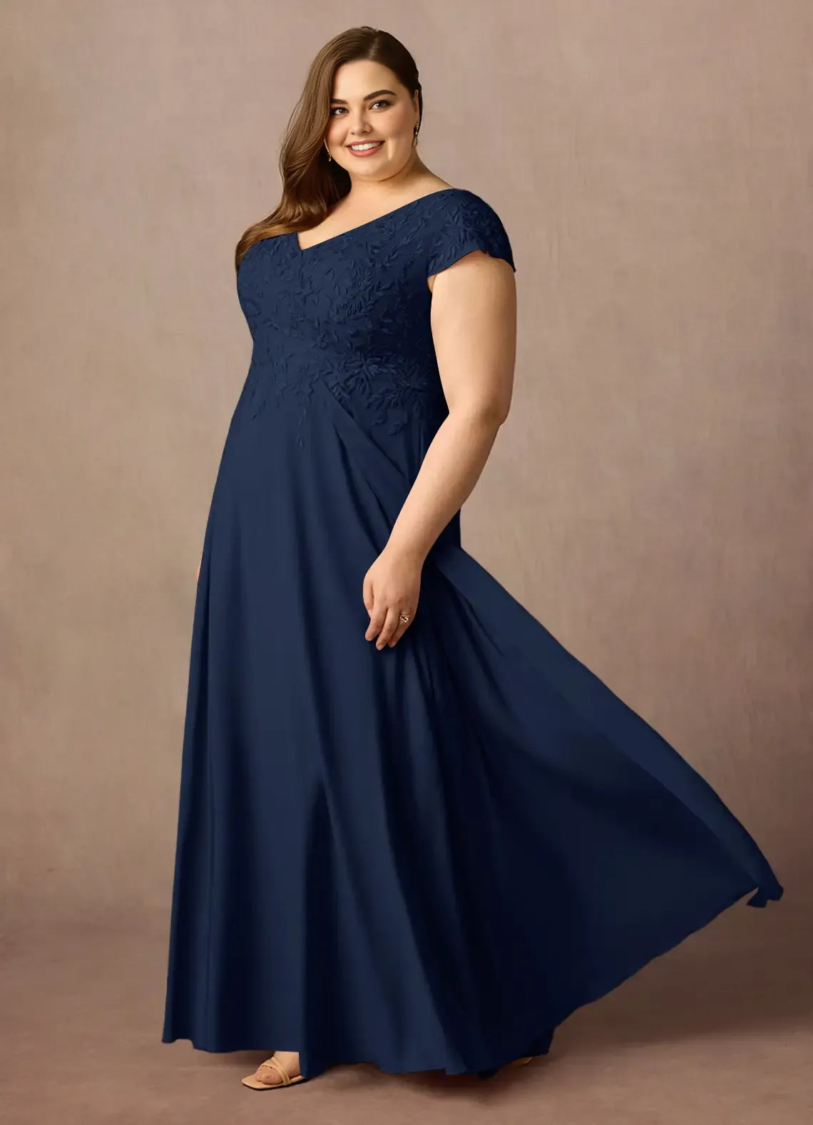 Stylish Elegant Navy Blue Lace A-Line Floor-Length Mother of the Bride Dress