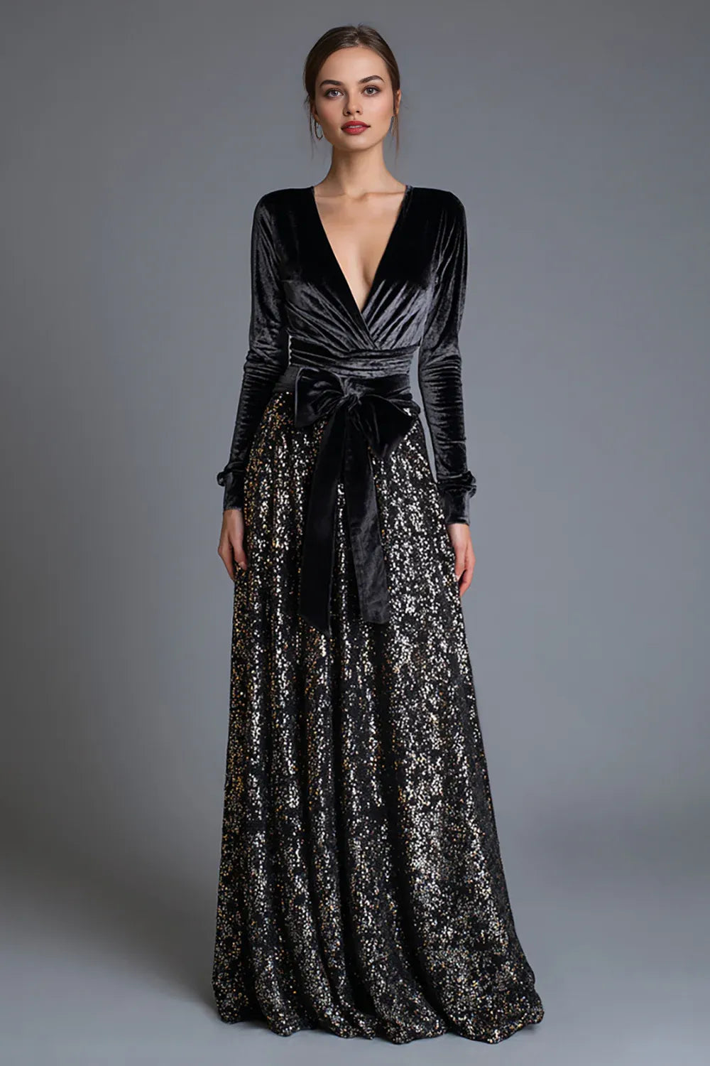 Refined Beautiful Timeless Elegant Gold Sequins A-Line Long Sleeve Floor-Length Prom Dress