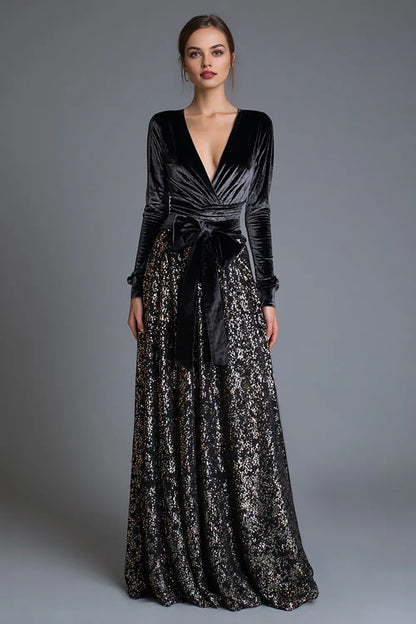 Refined Beautiful Timeless Elegant Gold Sequins A-Line Long Sleeve Floor-Length Prom Dress