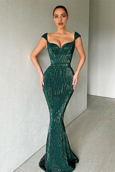 Cap Sleeves Sequins Mermaid Evening Dress Long Sweetheart
