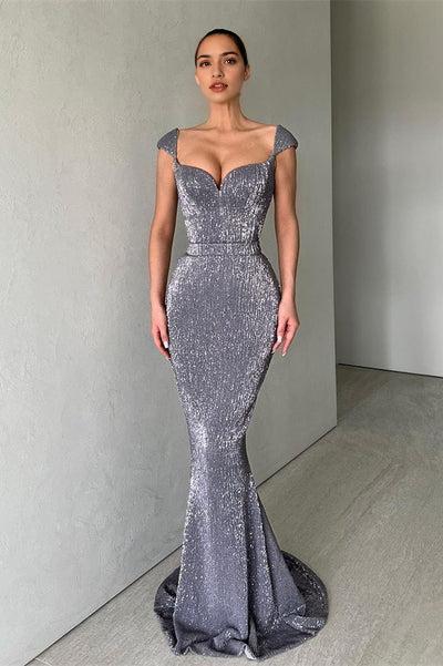 Cap Sleeves Sequins Mermaid Evening Dress Long Sweetheart