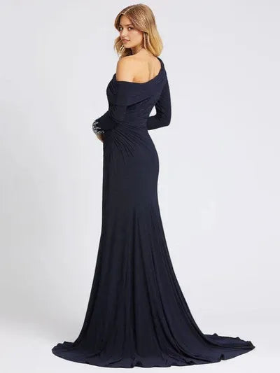 Navy Deep Evening Dress One-Shoulder With Train Long Sleeves Criss-Cross Lycra Spandex Sheath Social Party Dresses
