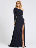 Navy Deep Evening Dress One-Shoulder With Train Long Sleeves Criss-Cross Lycra Spandex Sheath Social Party Dresses