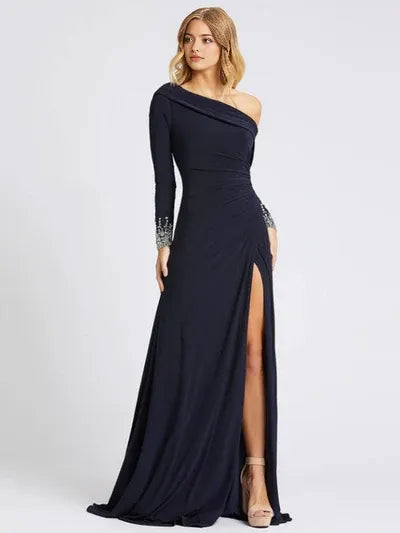 Navy Deep Evening Dress One-Shoulder With Train Long Sleeves Criss-Cross Lycra Spandex Sheath Social Party Dresses