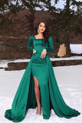Green Square Long-Sleeve A-Line Evening Dresses With Ruffles