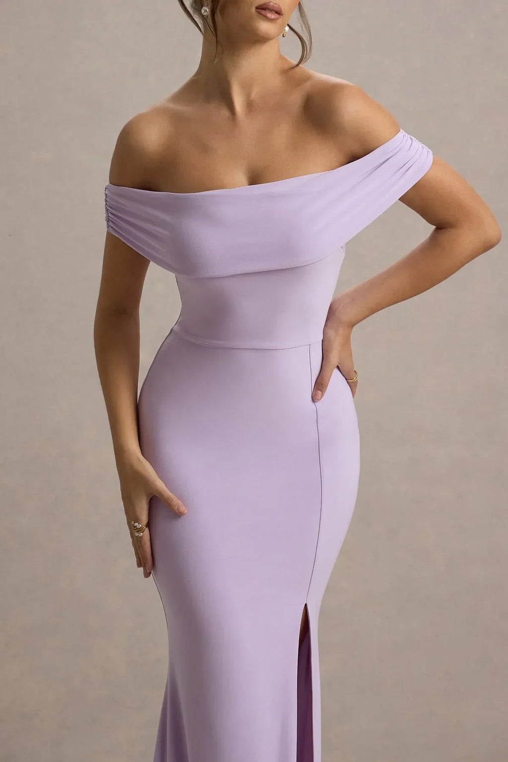 Lavender Off - Shoulder Mermaid Prom Dresses featuring Draped Neckline Slit Crafted to Shine at Glamorous Ball Occasions