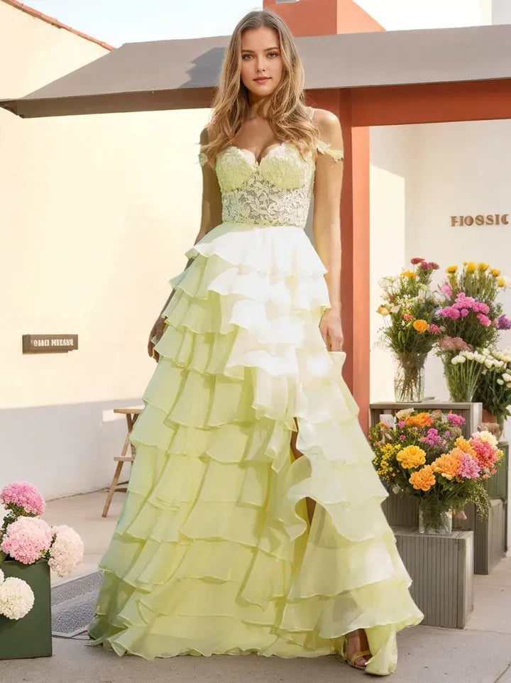 Yellow Light A-Line Sweetheart Off-the-Shoulder Appliques Back Zip Side Slit Floor-Length Prom Dresses with Ruffles