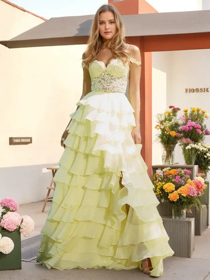 Romantic Ruffled A-Line Off-the-Shoulder Classic-Sleeve Open-Back Floor-Length Prom Dress