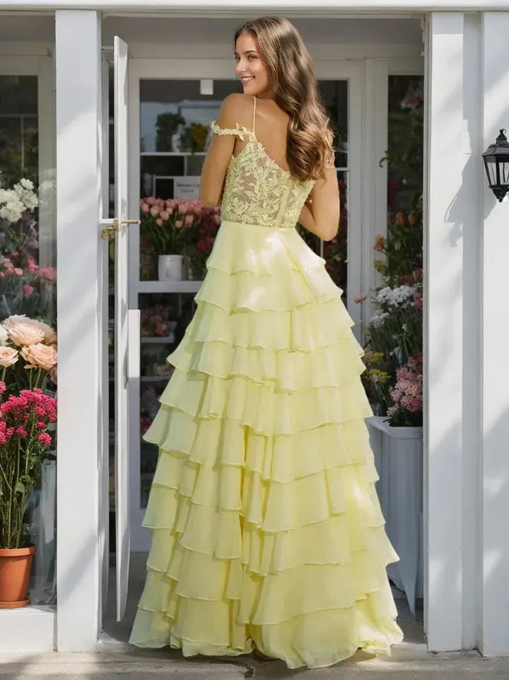 Yellow Light A-Line Sweetheart Off-the-Shoulder Appliques Back Zip Side Slit Floor-Length Prom Dresses with Ruffles