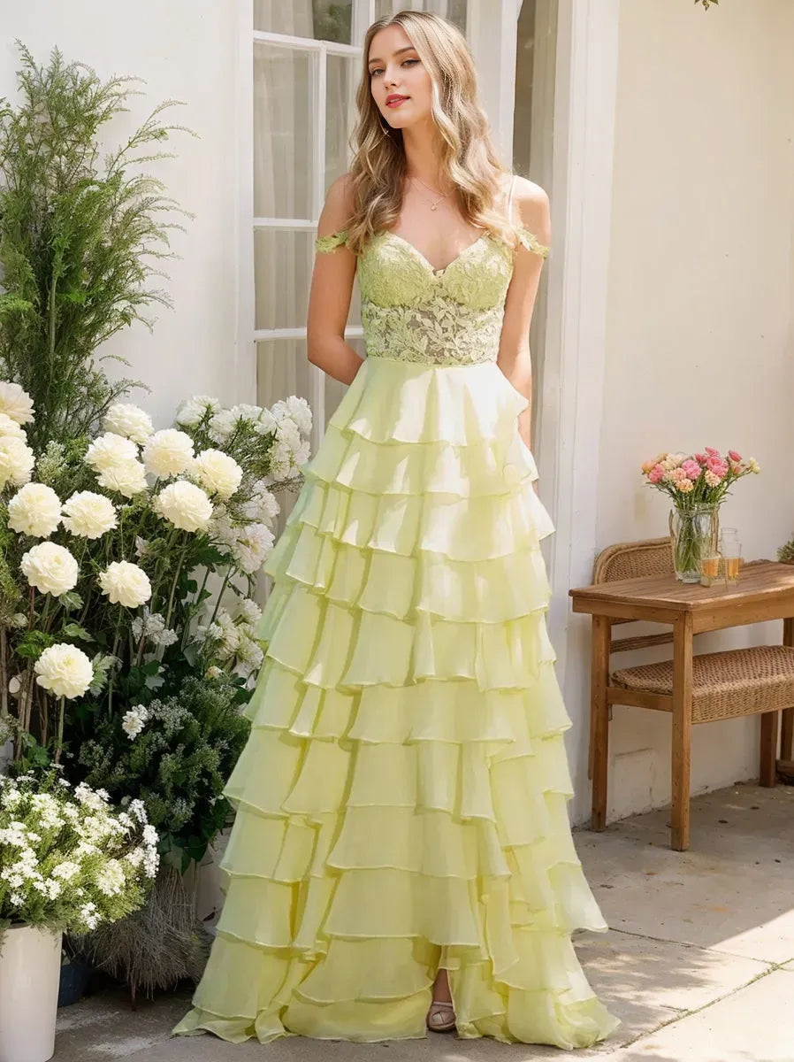 Yellow Light A-Line Sweetheart Off-the-Shoulder Appliques Back Zip Side Slit Floor-Length Prom Dresses with Ruffles