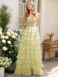 Yellow Light A-Line Sweetheart Off-the-Shoulder Appliques Back Zip Side Slit Floor-Length Prom Dresses with Ruffles