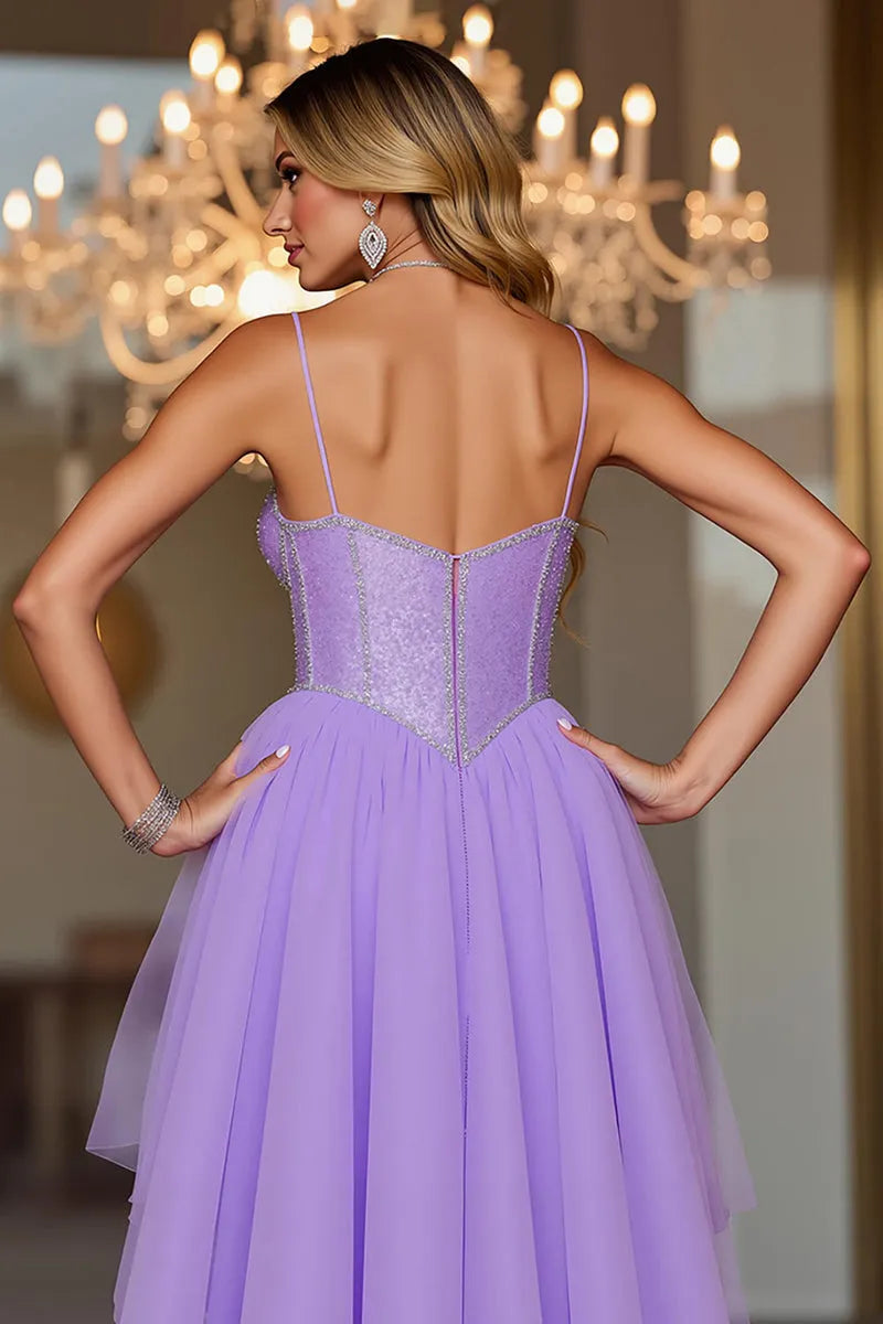 Lilac High Low Homecoming Dress with Spaghetti Straps