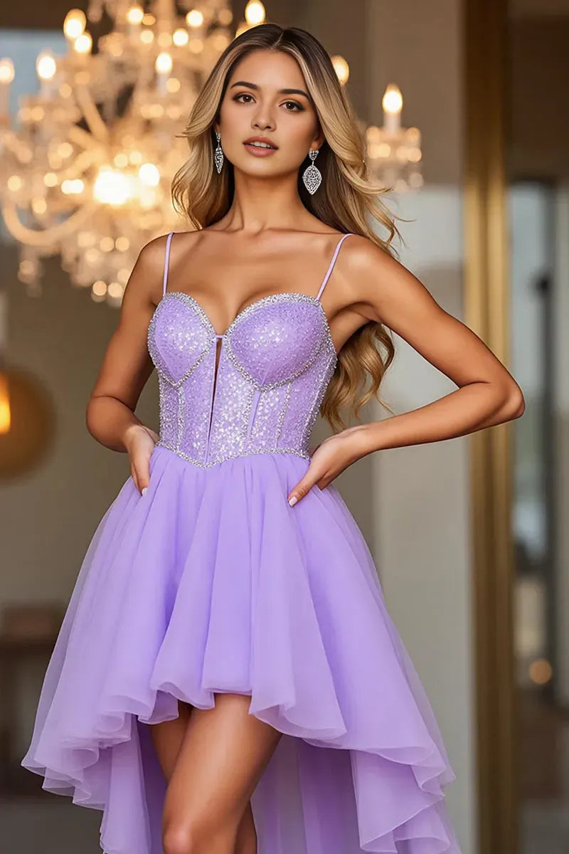 Lilac High Low Homecoming Dress with Spaghetti Straps