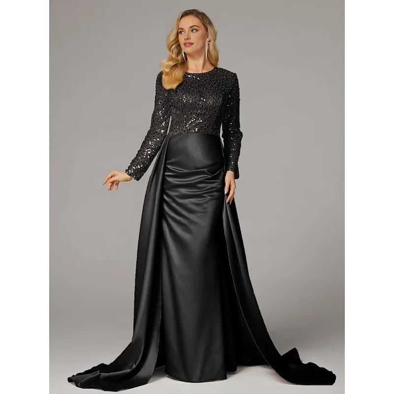 Elegant Black Satin Mermaid Illusion Long Sleeve Floor-Length Mother of the Bride Dress