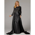 Elegant Black Satin Mermaid Illusion Long Sleeve Floor-Length Mother of the Bride Dress