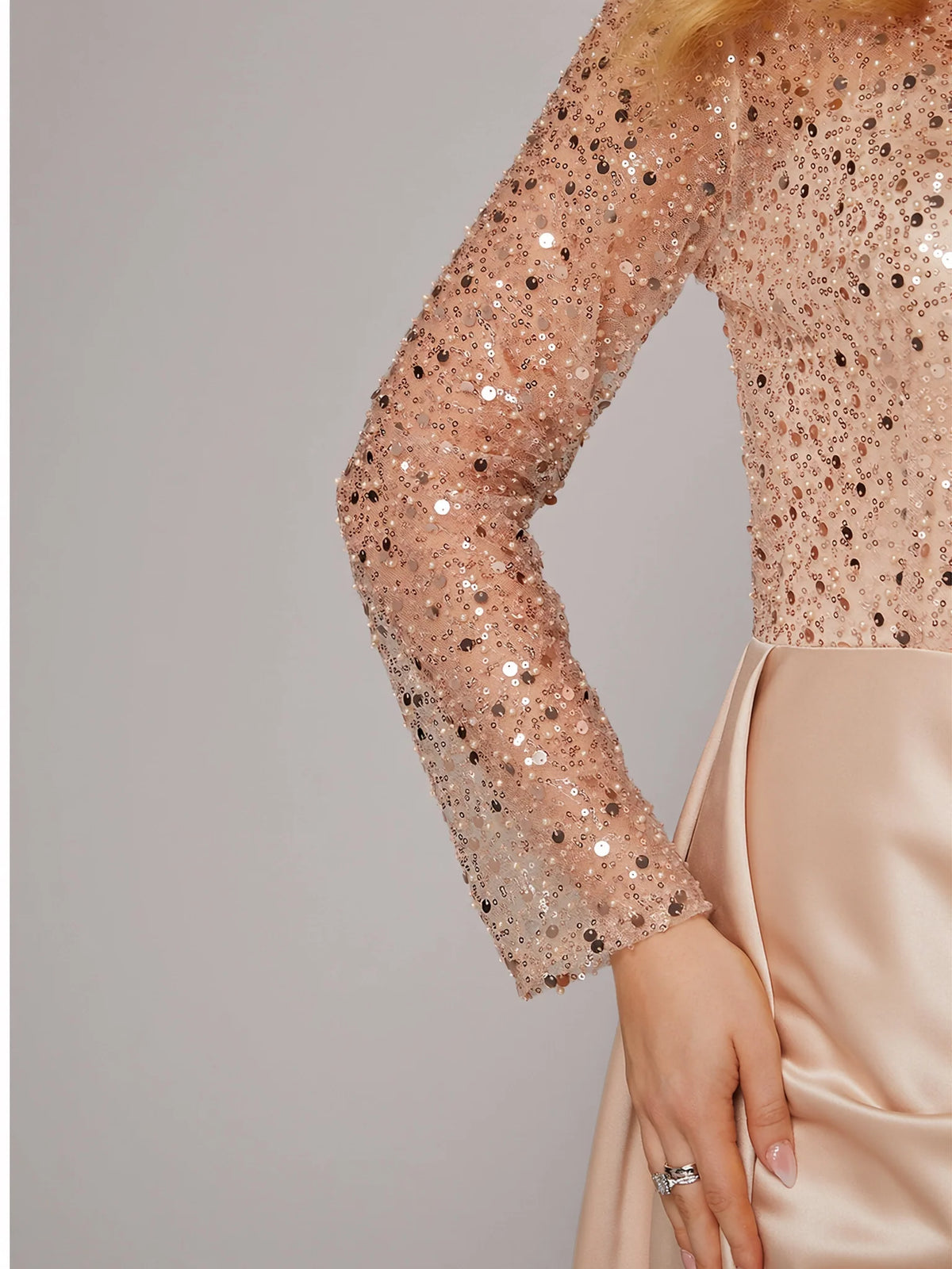 Elegant Blush Pink Satin Mermaid Illusion Long Sleeve Floor-Length Mother of the Bride Dress