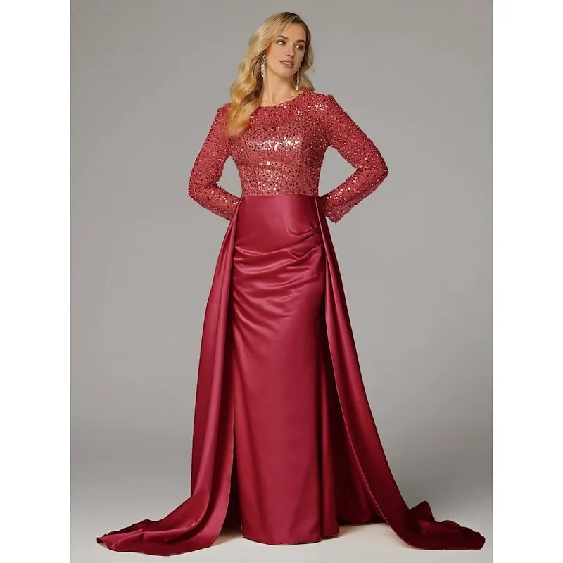 Elegant Black Satin Mermaid Illusion Long Sleeve Floor-Length Mother of the Bride Dress
