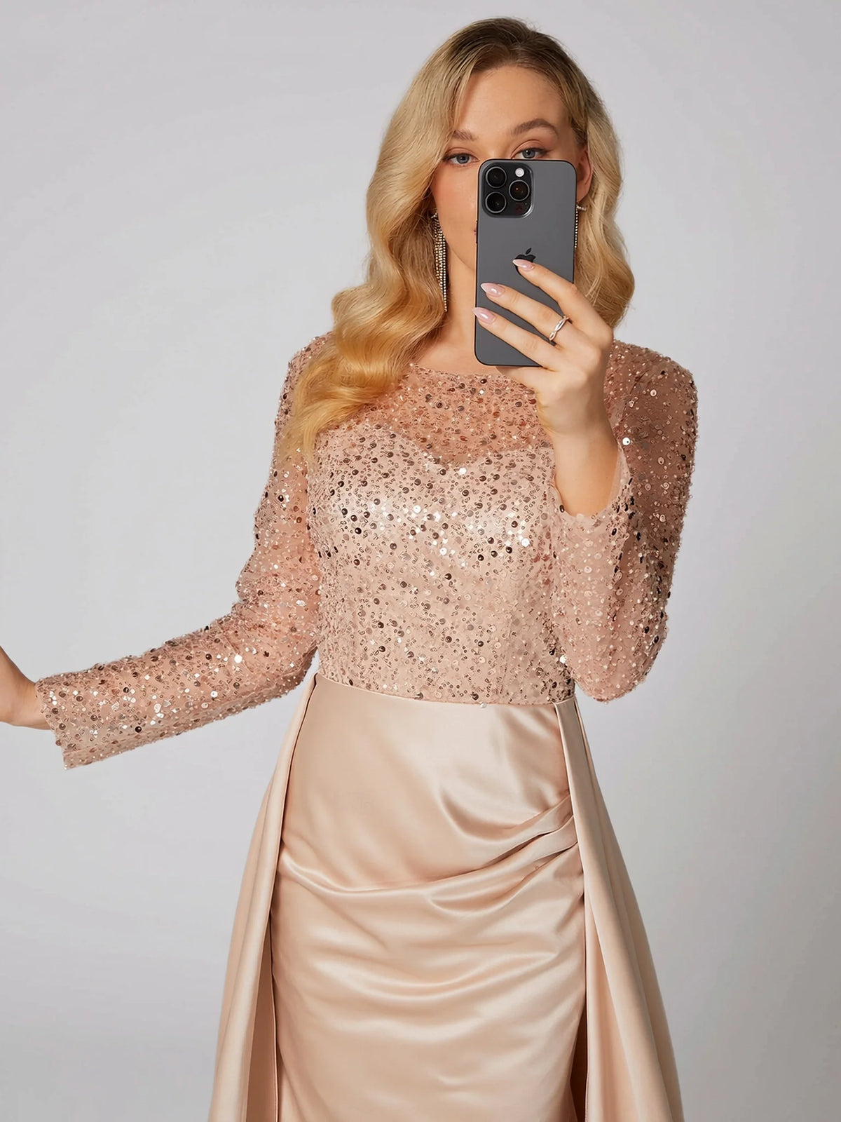 Elegant Blush Pink Satin Mermaid Illusion Long Sleeve Floor-Length Mother of the Bride Dress