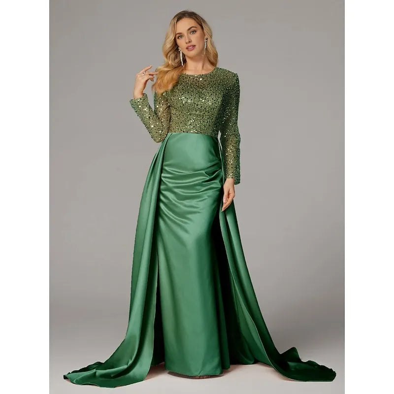 Elegant Black Satin Mermaid Illusion Long Sleeve Floor-Length Mother of the Bride Dress