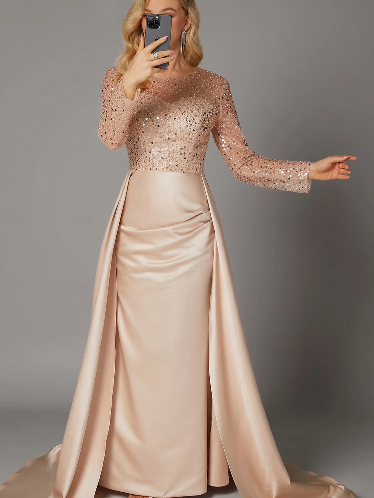Elegant Blush Pink Satin Mermaid Illusion Long Sleeve Floor-Length Mother of the Bride Dress