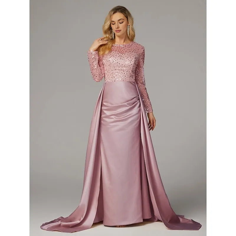Elegant Black Satin Mermaid Illusion Long Sleeve Floor-Length Mother of the Bride Dress
