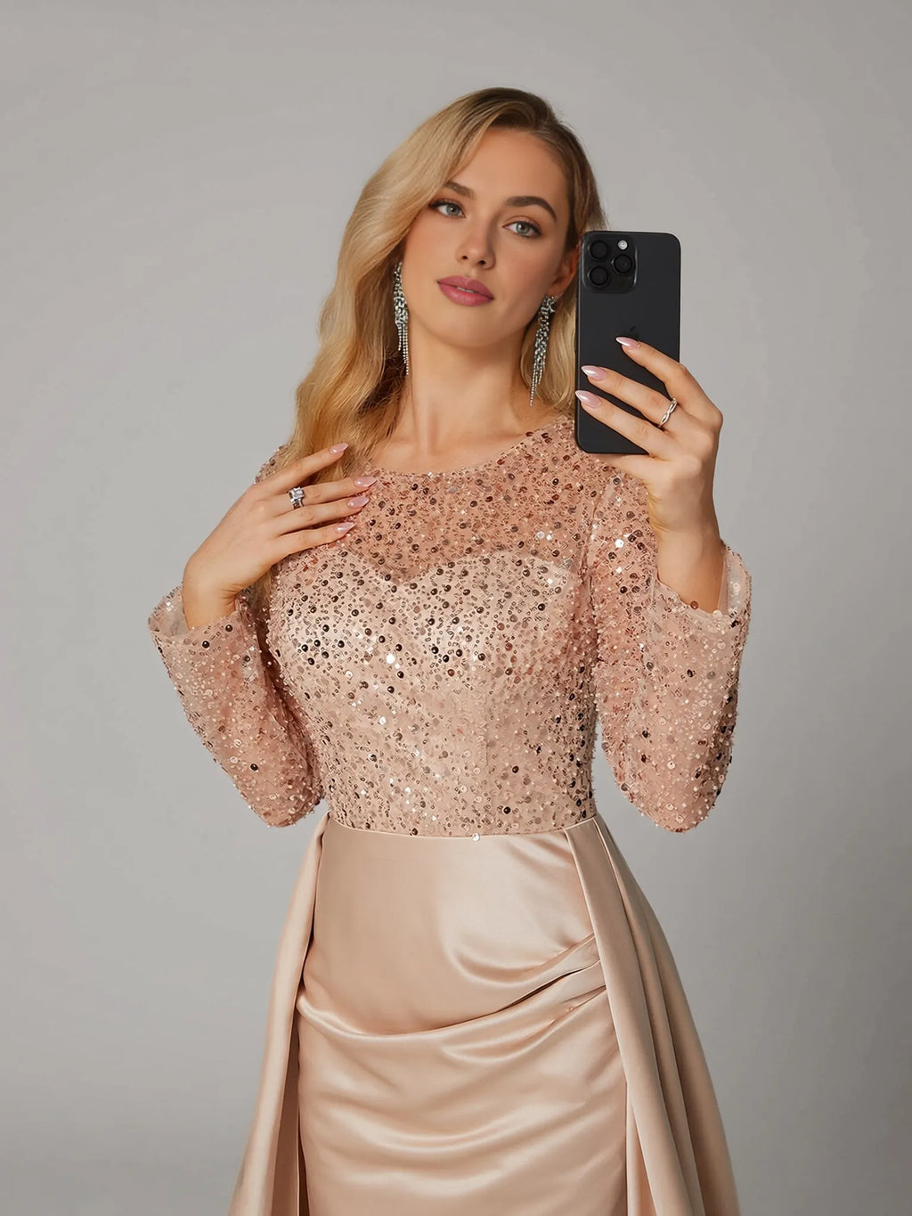 Elegant Blush Pink Satin Mermaid Illusion Long Sleeve Floor-Length Mother of the Bride Dress