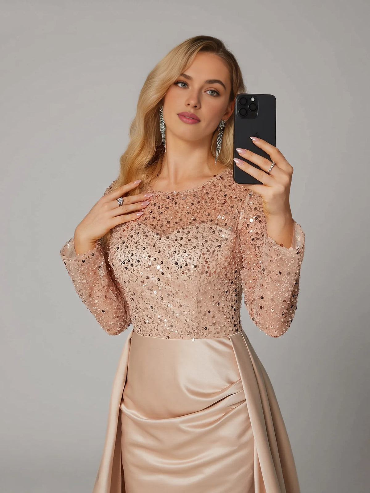 Elegant Blush Pink Satin Mermaid Illusion Long Sleeve Floor-Length Mother of the Bride Dress