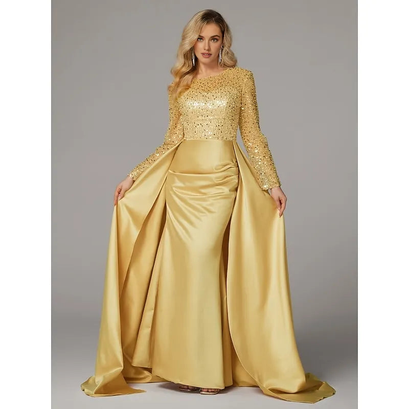 Elegant Black Satin Mermaid Illusion Long Sleeve Floor-Length Mother of the Bride Dress