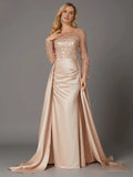 Elegant Blush Pink Satin Mermaid Illusion Long Sleeve Floor-Length Mother of the Bride Dress