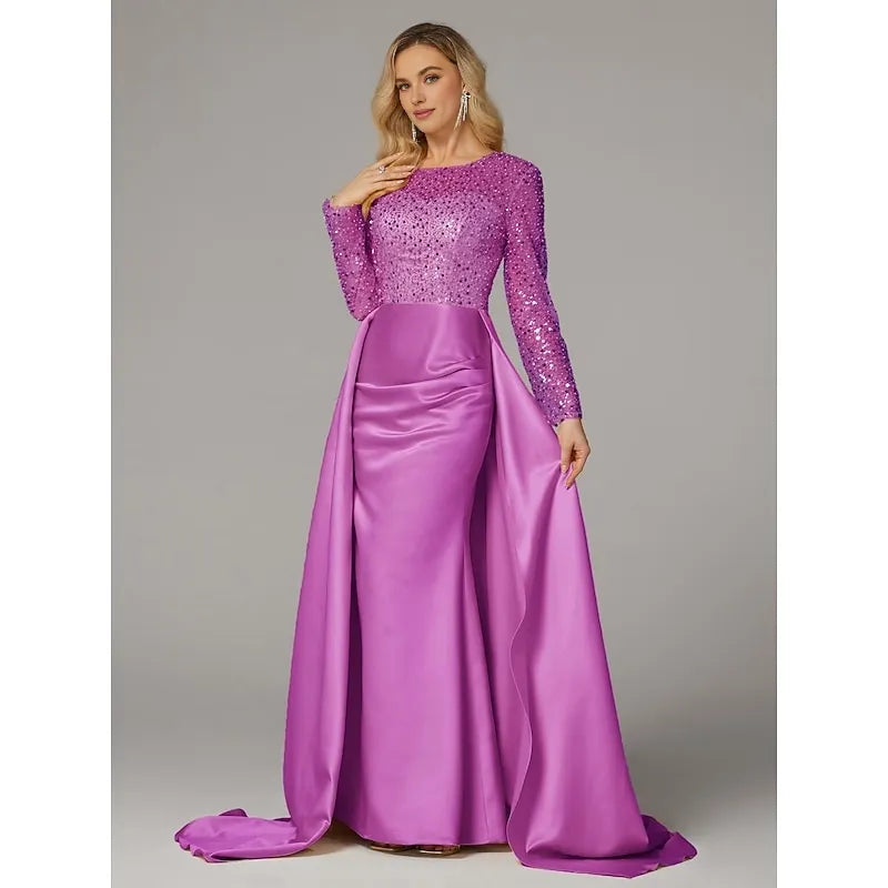 Elegant Black Satin Mermaid Illusion Long Sleeve Floor-Length Mother of the Bride Dress