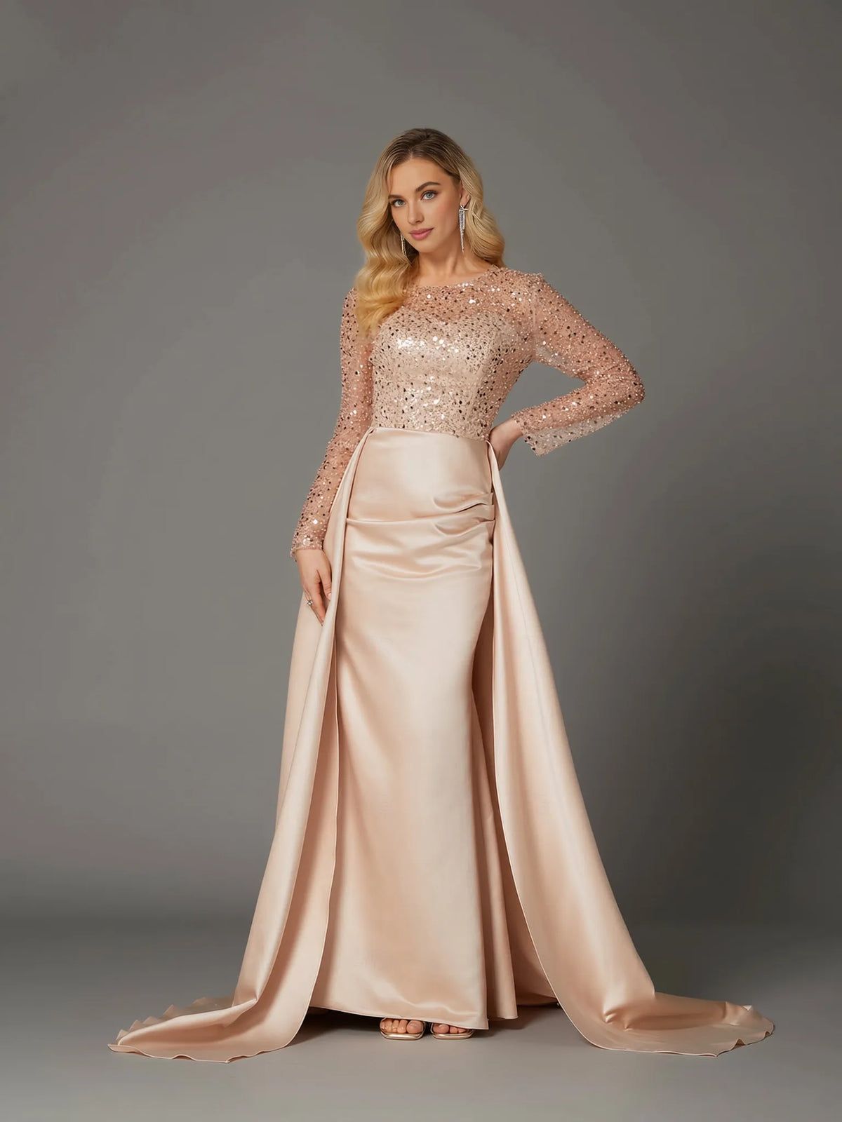 Elegant Blush Pink Satin Mermaid Illusion Long Sleeve Floor-Length Mother of the Bride Dress