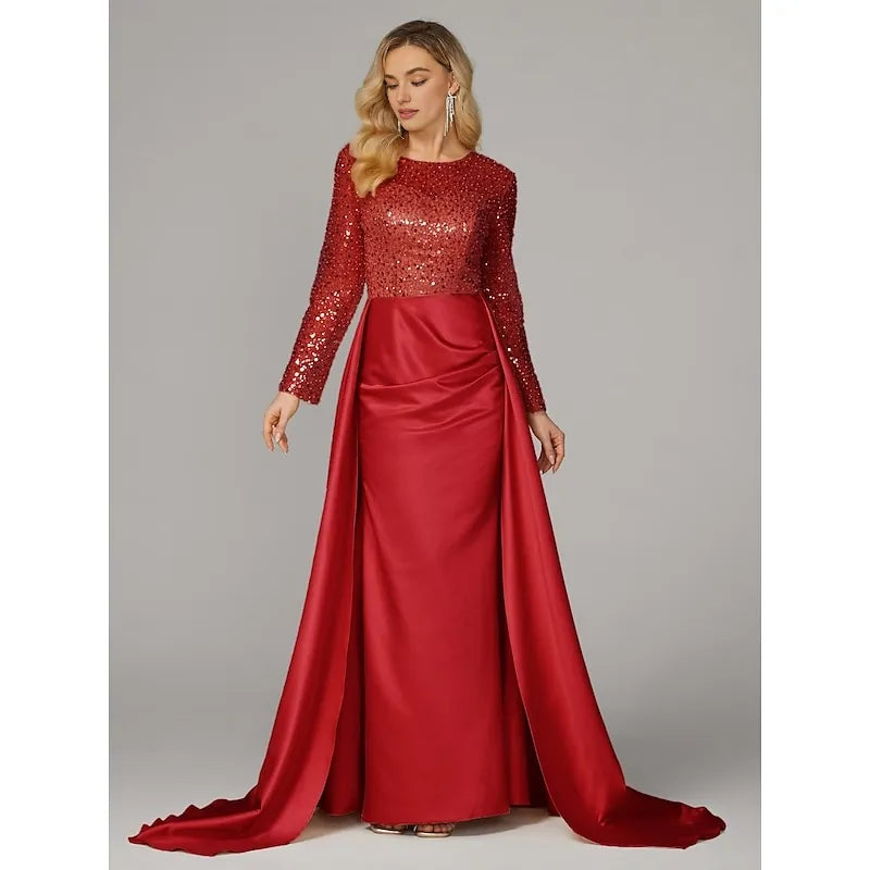 Elegant Black Satin Mermaid Illusion Long Sleeve Floor-Length Mother of the Bride Dress
