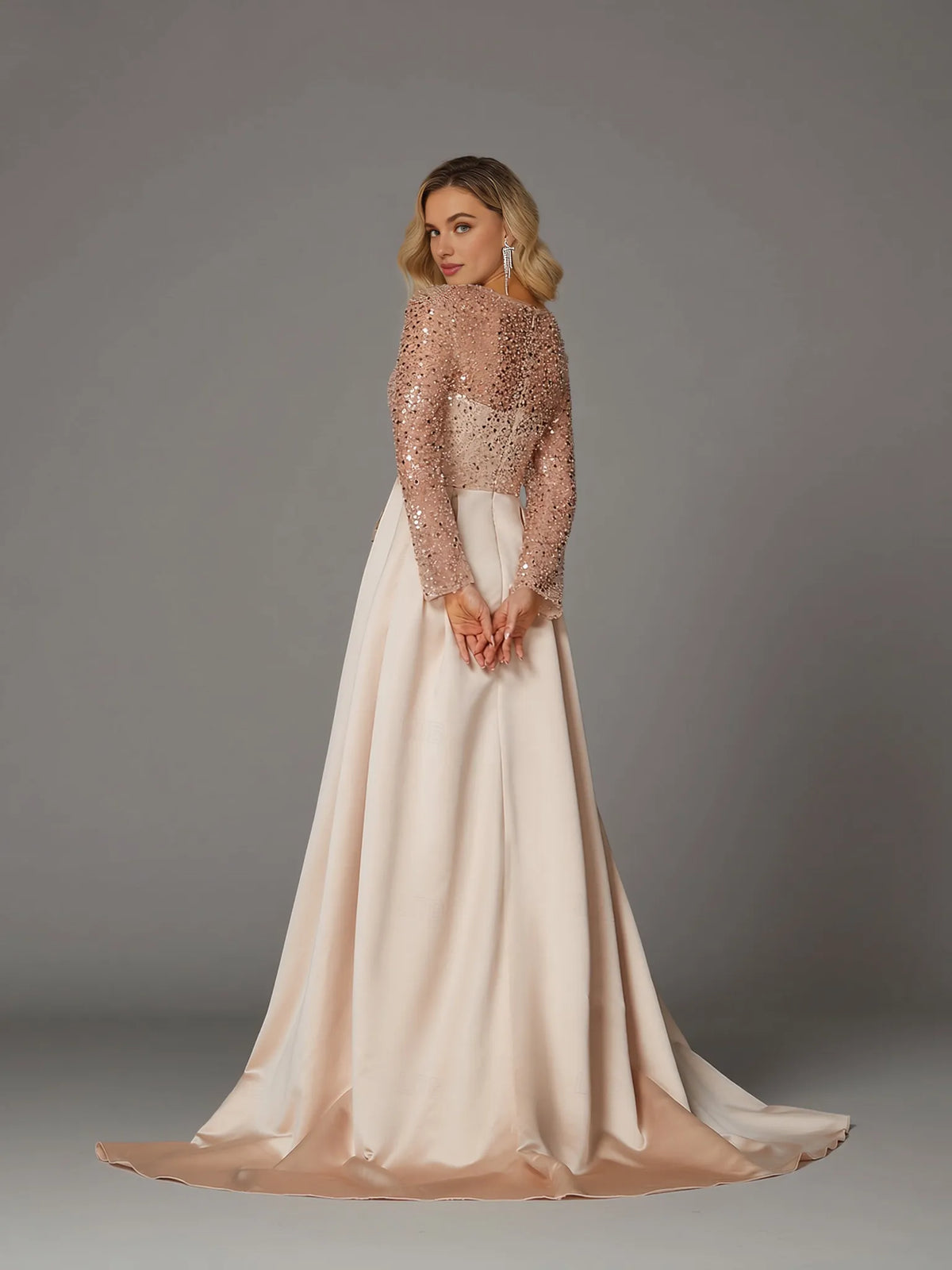 Elegant Blush Pink Satin Mermaid Illusion Long Sleeve Floor-Length Mother of the Bride Dress