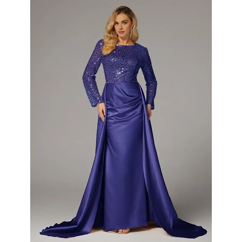 Elegant Black Satin Mermaid Illusion Long Sleeve Floor-Length Mother of the Bride Dress