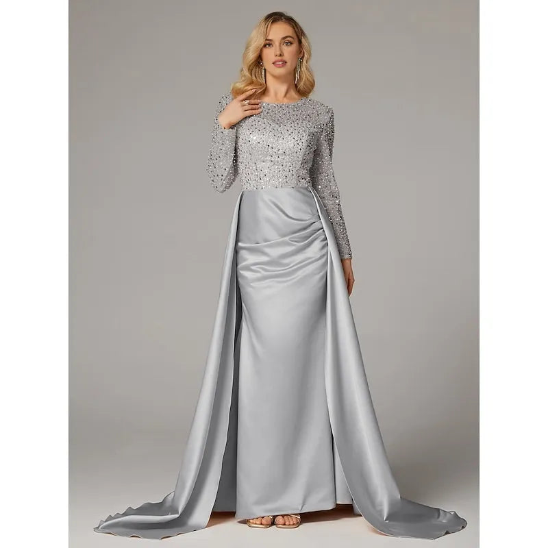 Elegant Black Satin Mermaid Illusion Long Sleeve Floor-Length Mother of the Bride Dress