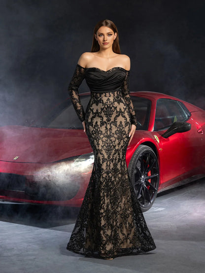 Stylish Refined Beautiful Timeless Chic Elegant Black Lace Mermaid Floor-Length Prom Dress