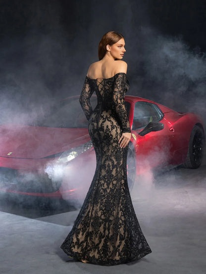 Stylish Refined Beautiful Timeless Chic Elegant Black Lace Mermaid Floor-Length Prom Dress