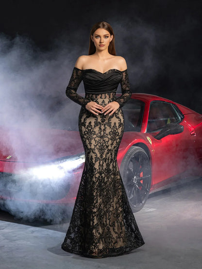 Stylish Refined Beautiful Timeless Chic Elegant Black Lace Mermaid Floor-Length Prom Dress