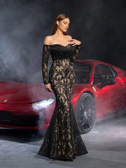Stylish Refined Beautiful Timeless Chic Elegant Black Lace Mermaid Floor-Length Prom Dress