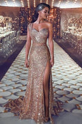 Mermaid Sequins Prom Gowns One Shoulder Evening Dress With Slit